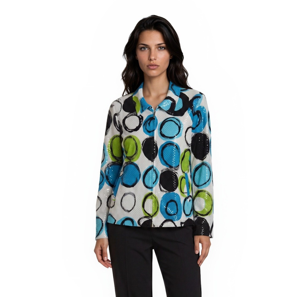 Ming Wang Jacket Women's Size Medium Multicolor Circle Zip Shiny Collared Y2K